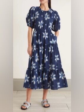 Sea New York Isla Navy Blue Shibori Floral Puff Sleeve Midi Dress Size L